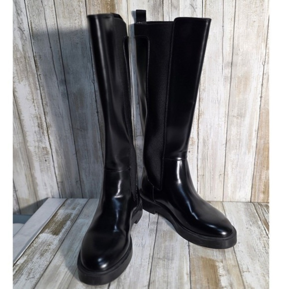H&M Black Faux Leather Knee High Boots Chunky Sole Elastic Panel Size 38